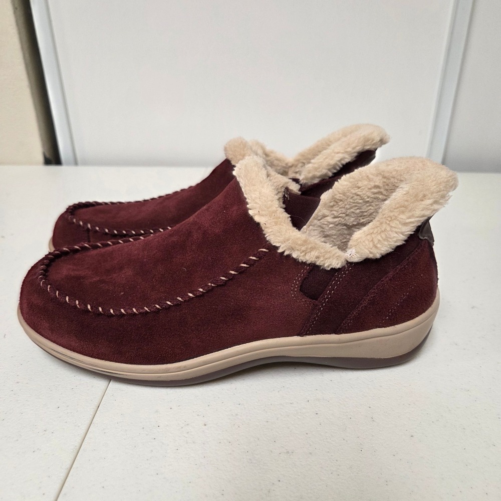 Orthofeet 80042 Womens 9 Wide Burgundy Suede Faux Fur Lined Moccasin Booties